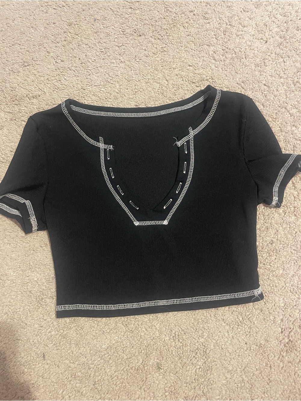 SHEIN Black Ribbed Crop Top with White Contrast Stitch